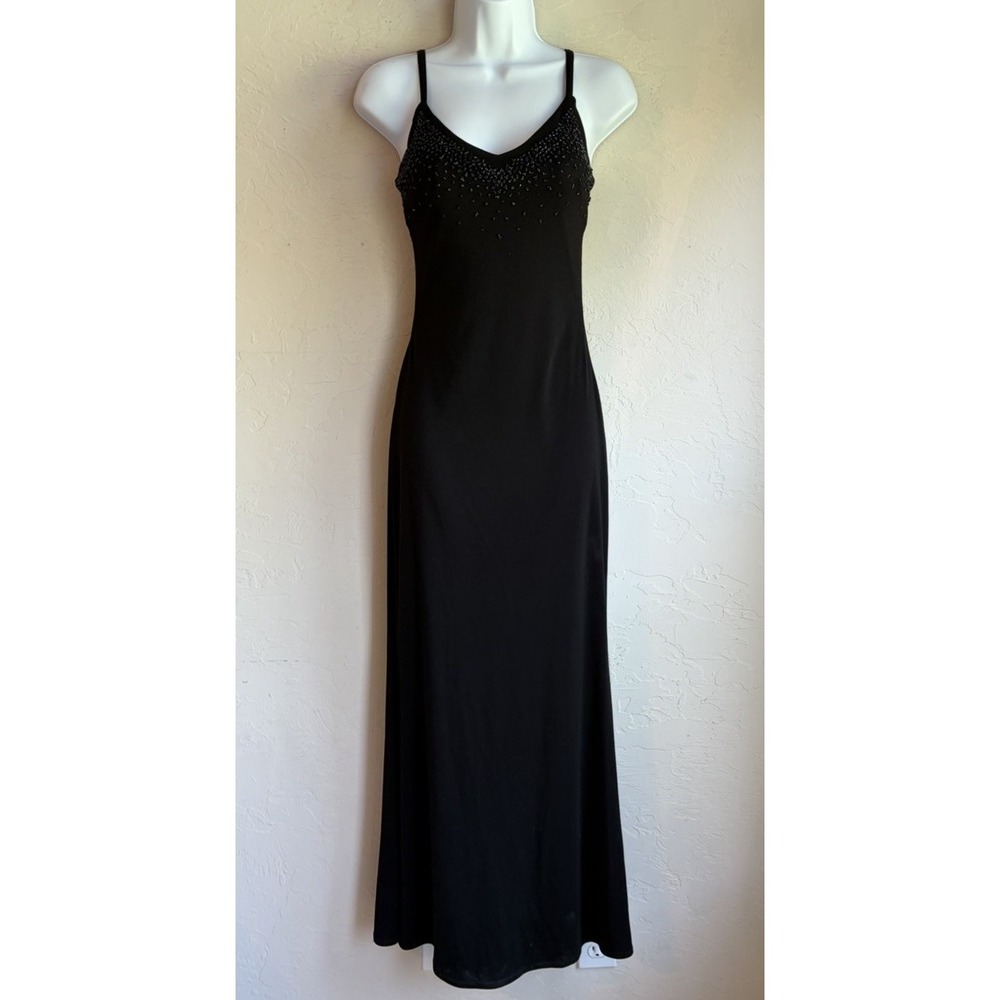 Vintage 90s Y2K Black Beaded Maxi Formal Party Dress S Cutout Back Glam Goth